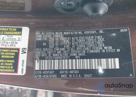 2009 Toyota Venza z USA, uszkodzony, nr VIN 4T3ZE11A89U010371